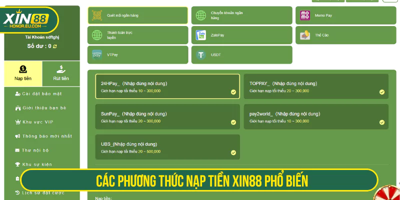 Các phương thức nạp tiền XIN88 phổ biến