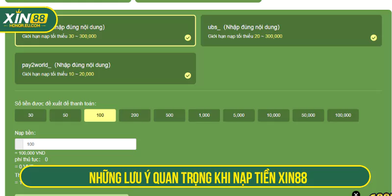 Những lưu ý quan trọng khi nạp tiền XIN88